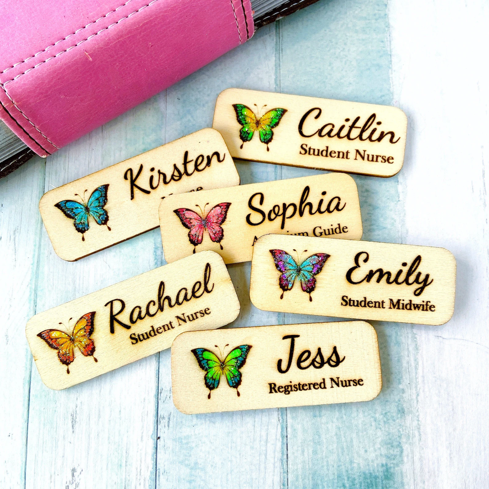 Hand-Painted Glitter Butterfly Name Badge – Personalized Wooden Tag with Magnetic or Pin Back, Handmade Gift for Nurse or Teacher